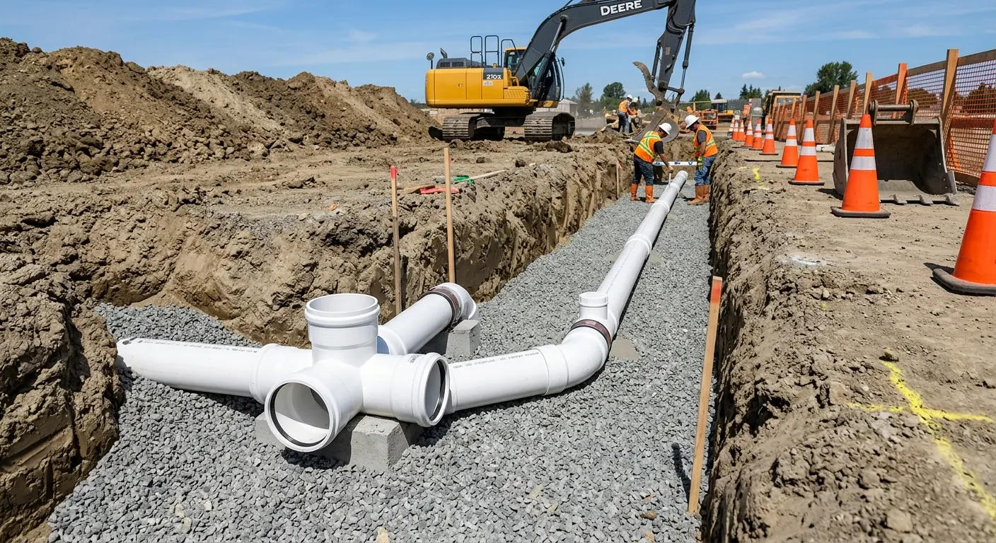 New PVC sewer pipe installation in open trench for Sewer Backup in Lumberton