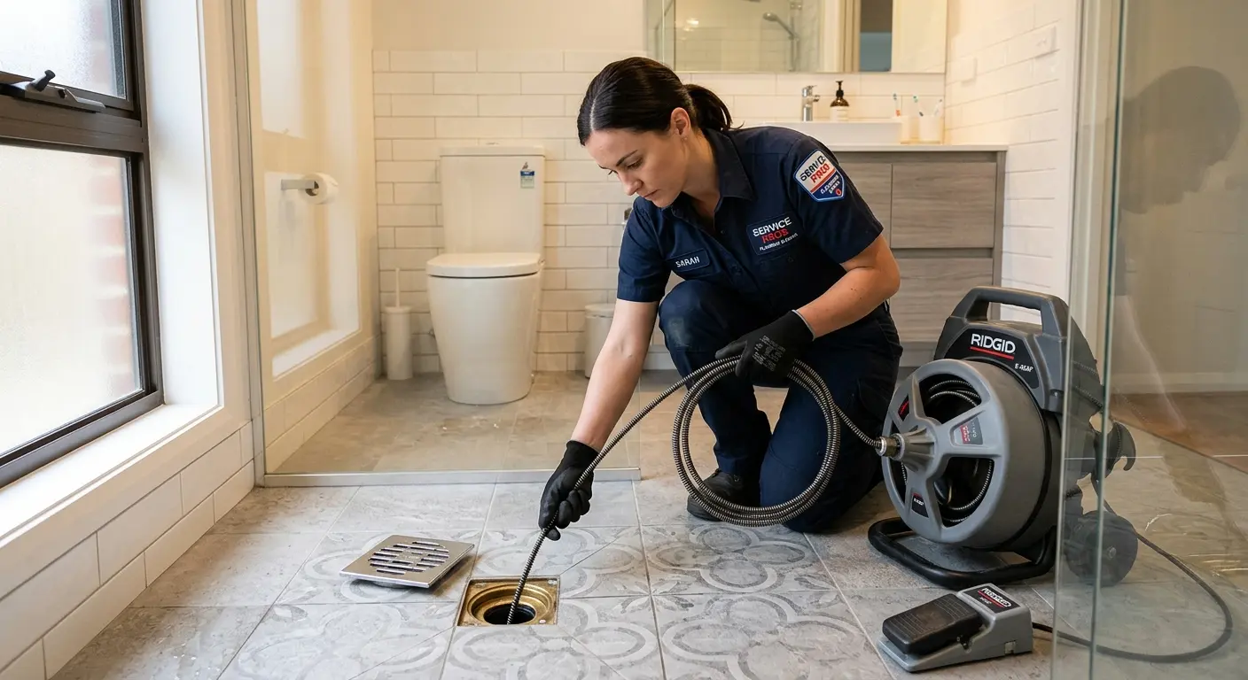Technician clearing a bathroom floor drain for Drain Cleaning in Lumberton
